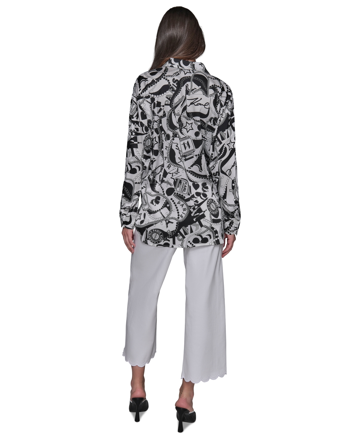 Karl Lagerfeld Women's Motif-print Oversized Button-front Top In Soft White  Black