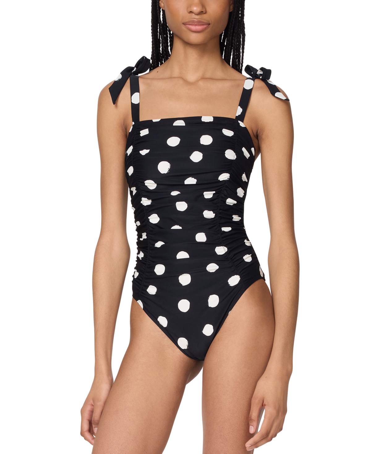 Kate Spade New York Dot Print Shirred One Piece Swimsuit In Black
