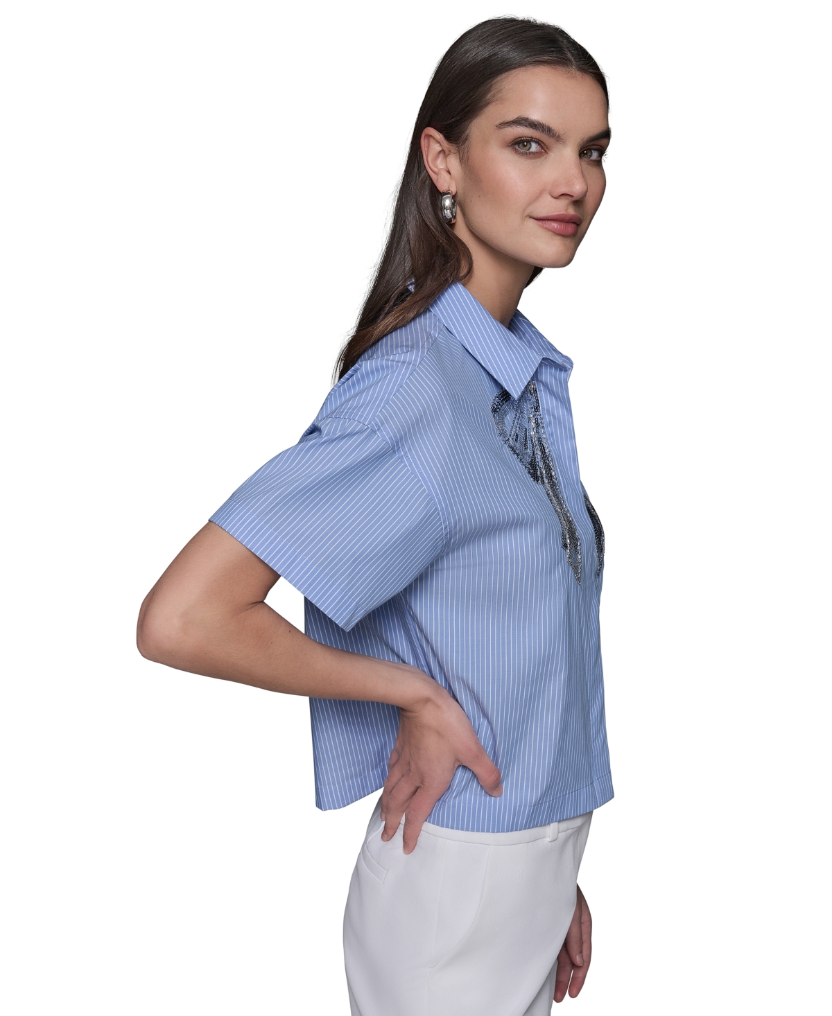 KARL LAGERFELD WOMEN'S SEQUIN-BOW POPLIN BUTTON-FRONT TOP 