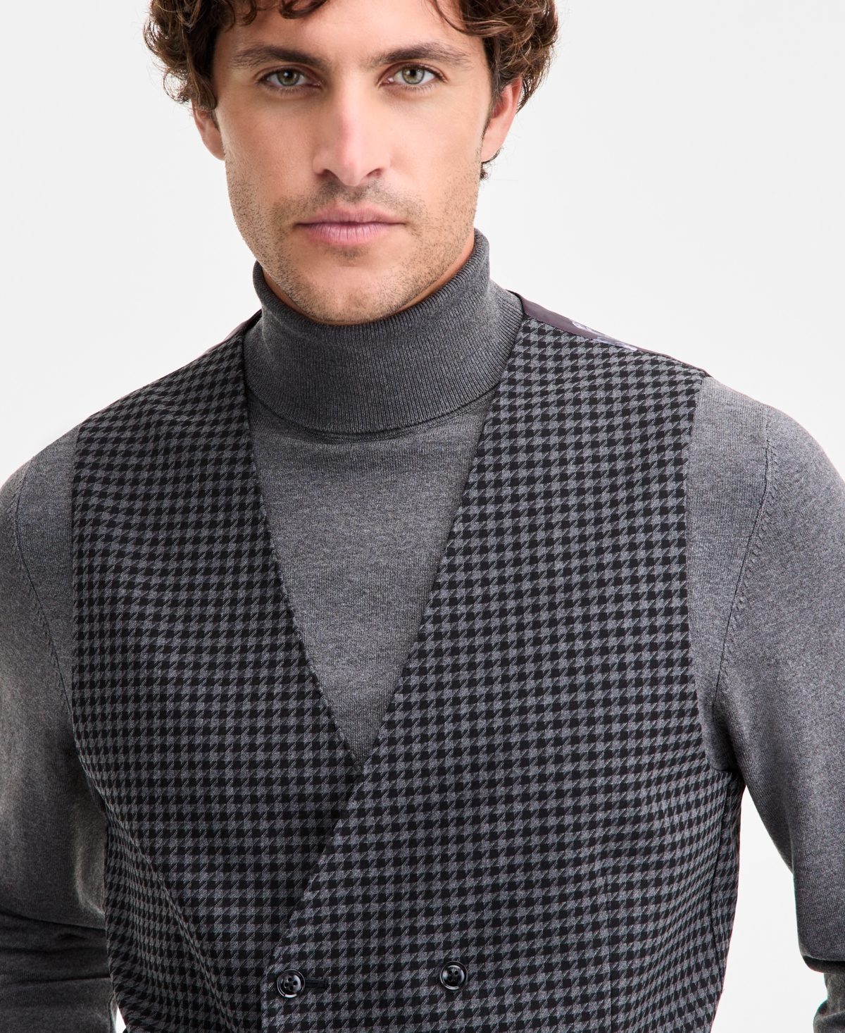Tayion Collection Men's Classic-Fit Houndstooth Double-Breasted Suit Separate Vest