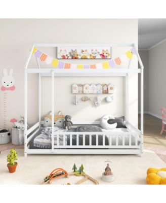 Twin Size Kids House Bed Wooden Floor Bed with Roof and Full-length Safety Guardrail