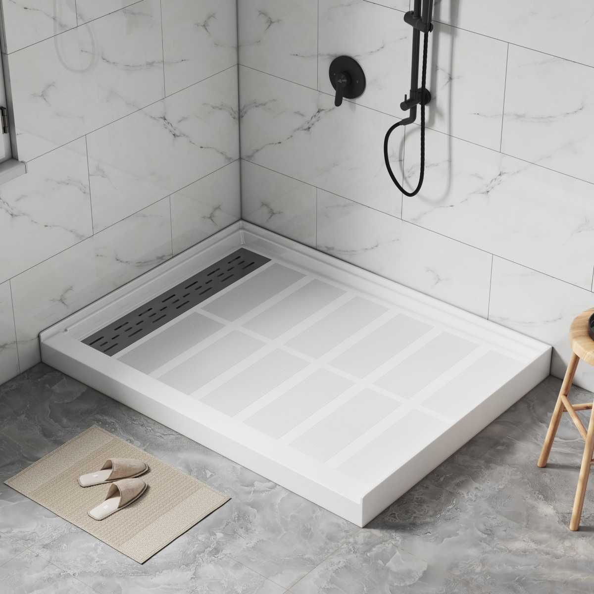 48"W X 36"D Solid Surface Single Threshold Shower Base Anti-Slip Shower Pan, Drain Assembly & Drain Cover Included - White