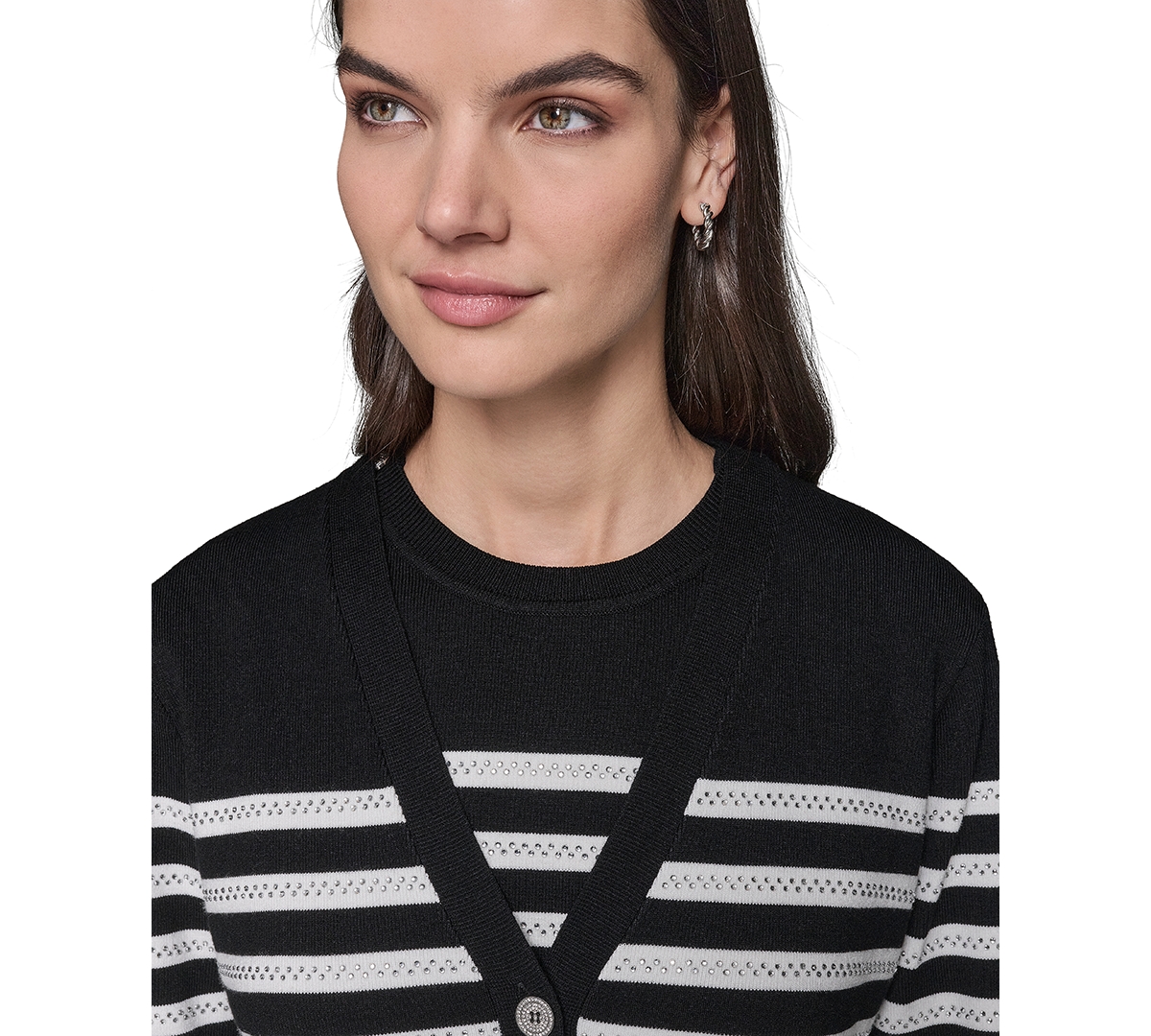 Karl Lagerfeld Women's Striped Crystal-button Cardigan In Black,soft White