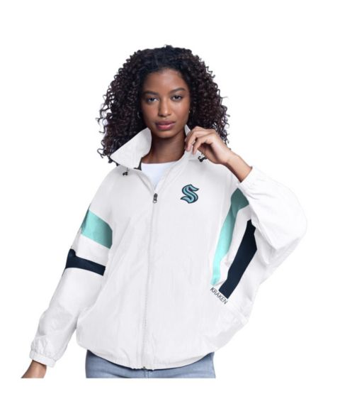 Женские худи G-III Sports by Carl Banks Women's White Seattle Kraken Game News Oversized Full-Zip Jacket