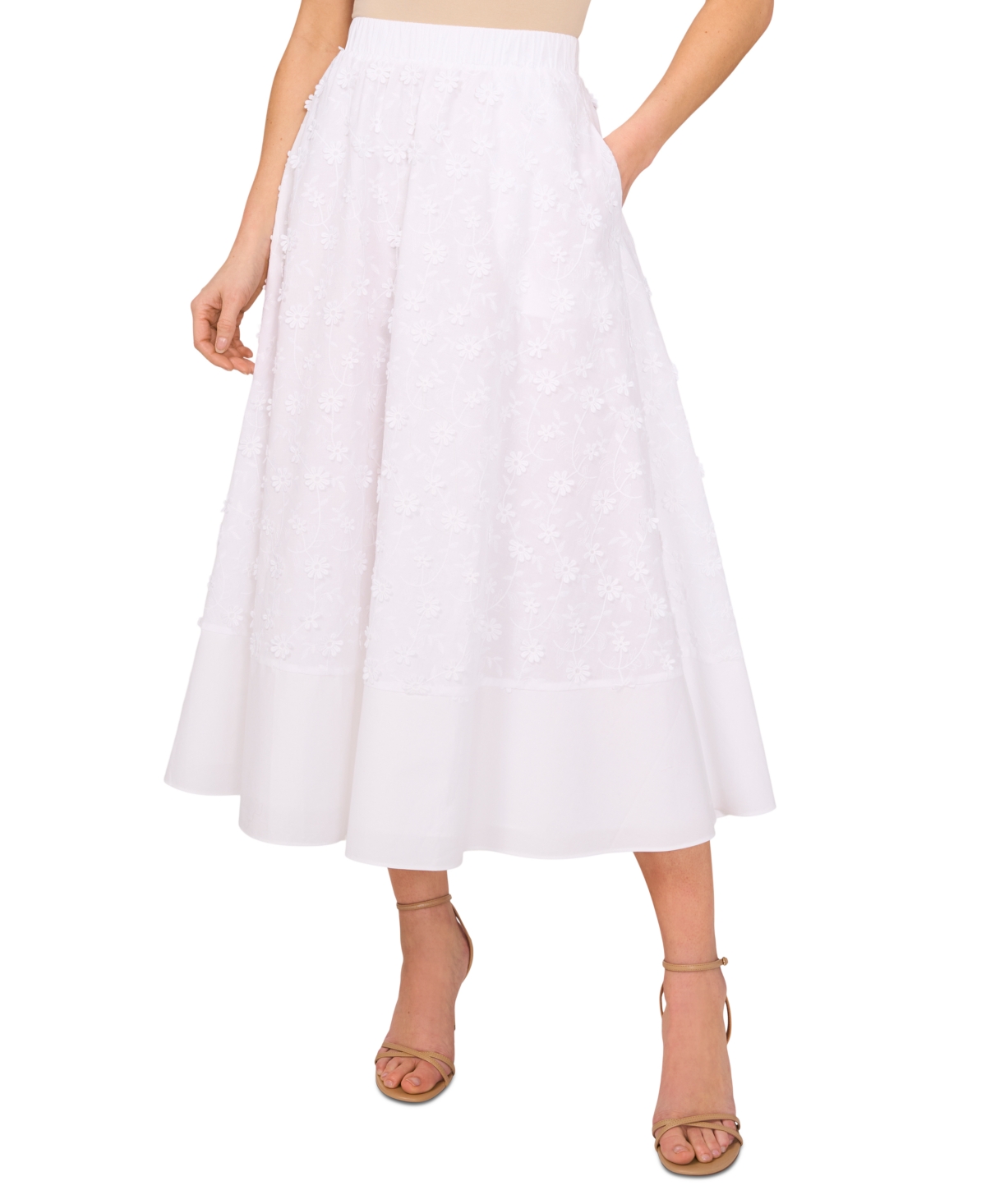 Women's Cotton 3D Floral Pull-On Midi Skirt - Ultra White