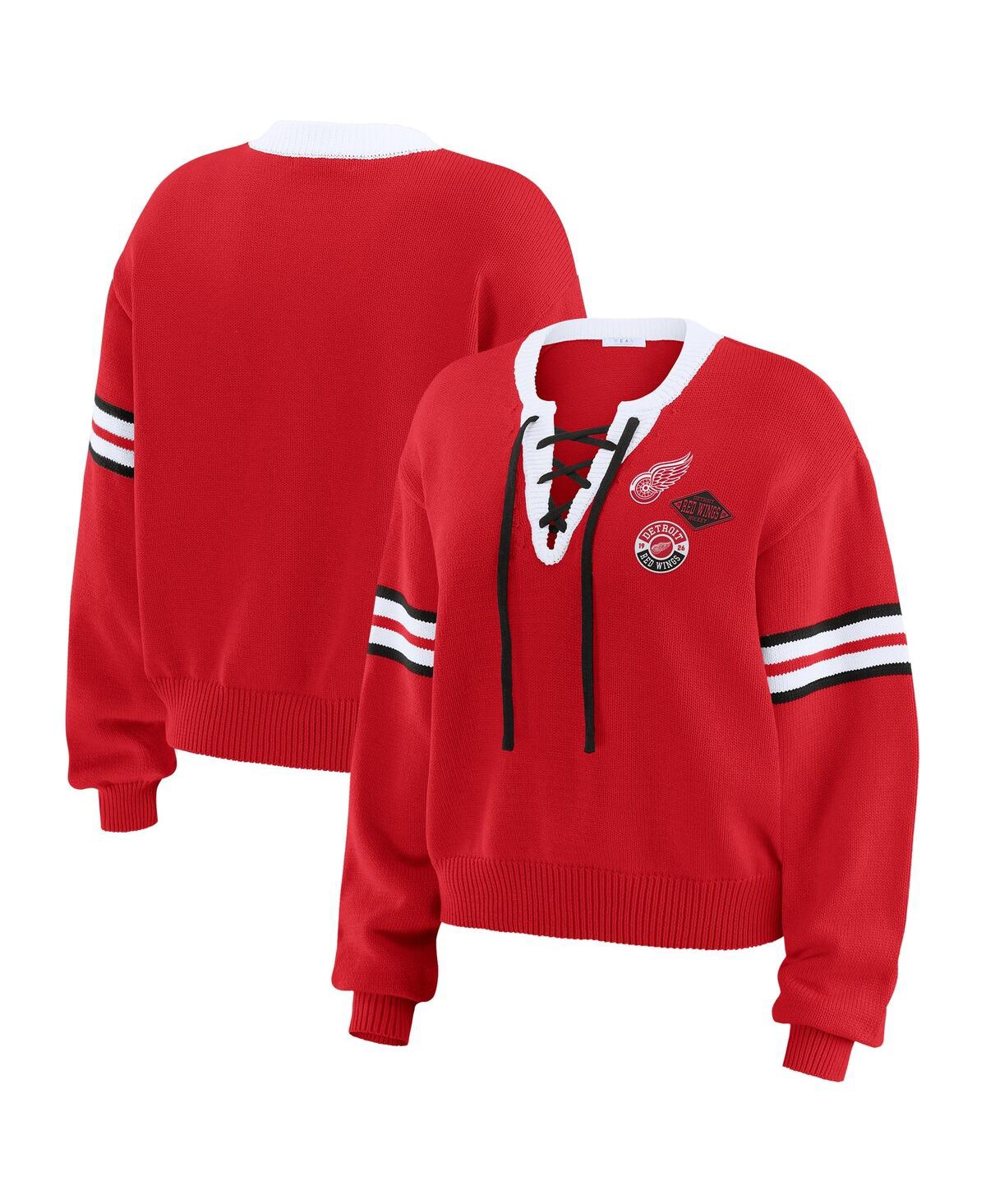 Women's Red Detroit Red Wings Cropped Lace-Up Sweater - Red