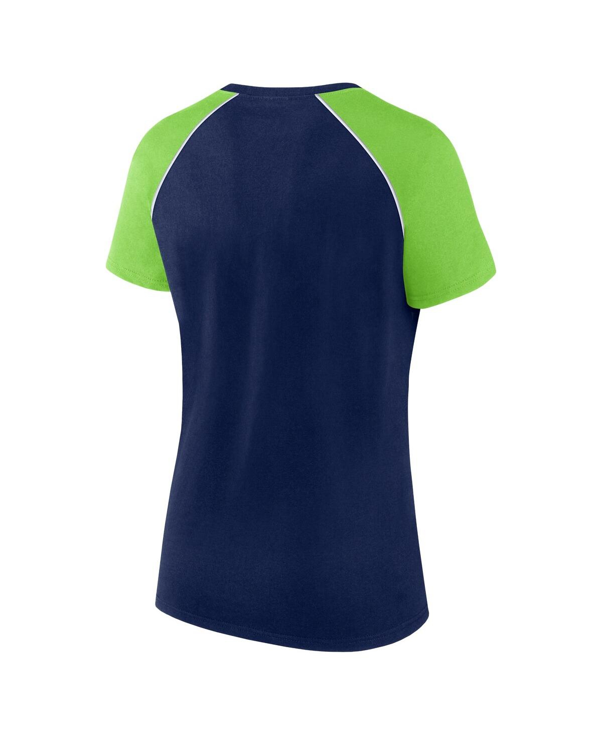 Fanatics Women's College Navy/neon Green Seattle Seahawks Glittered Primary Raglan T-shirt In College Navy,neon Green