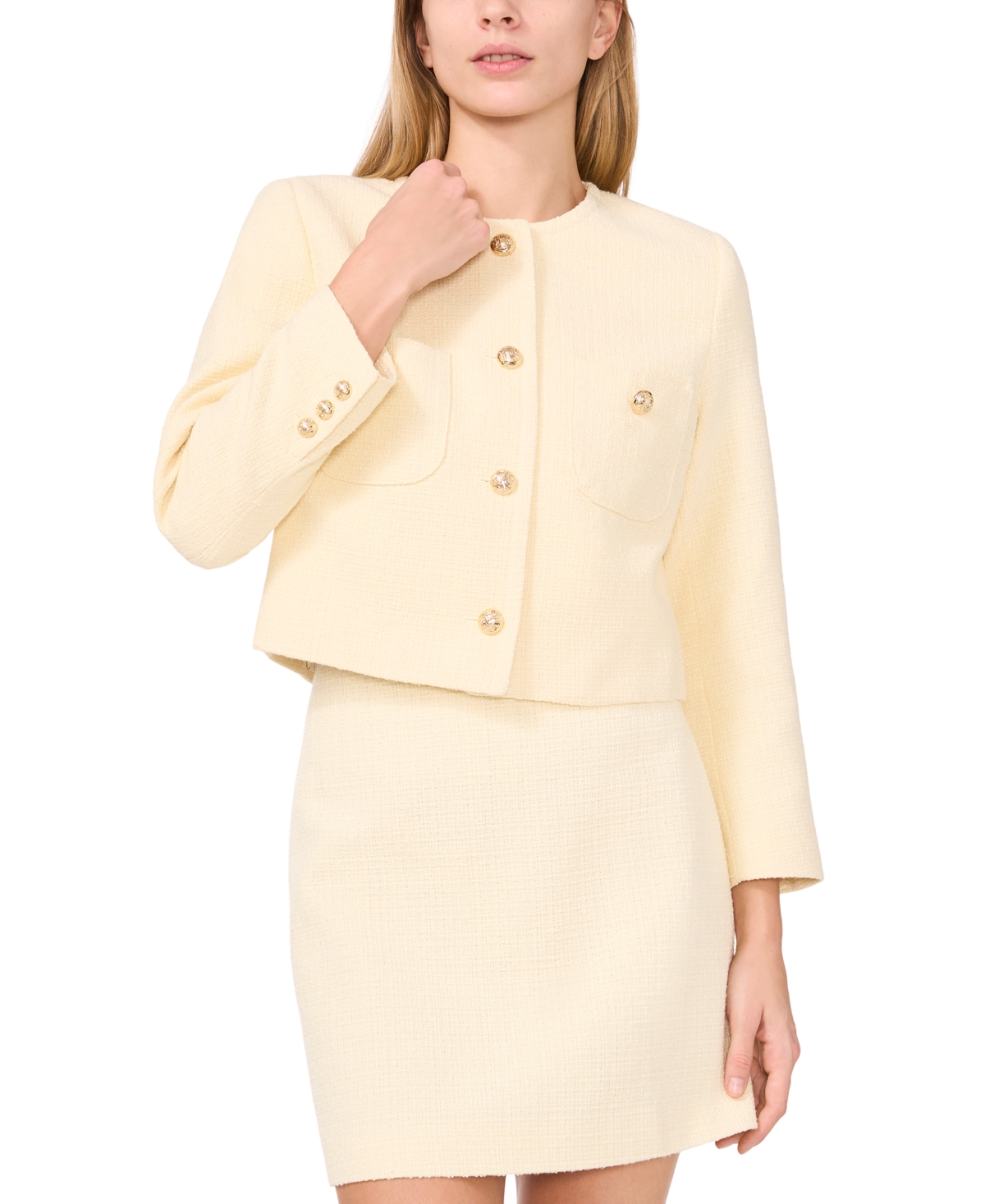 Women's Long Sleeve Collarless Tweed Jacket - Lemon Drop