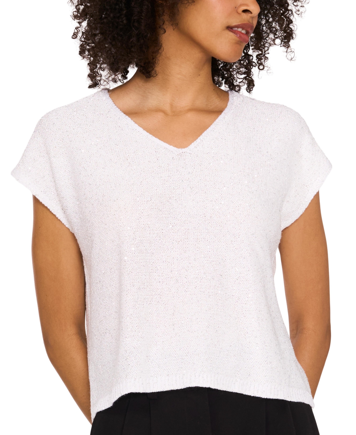 Shop Vince Camuto Women's Shine V-neck Cap-sleeve Sweater In Antique White