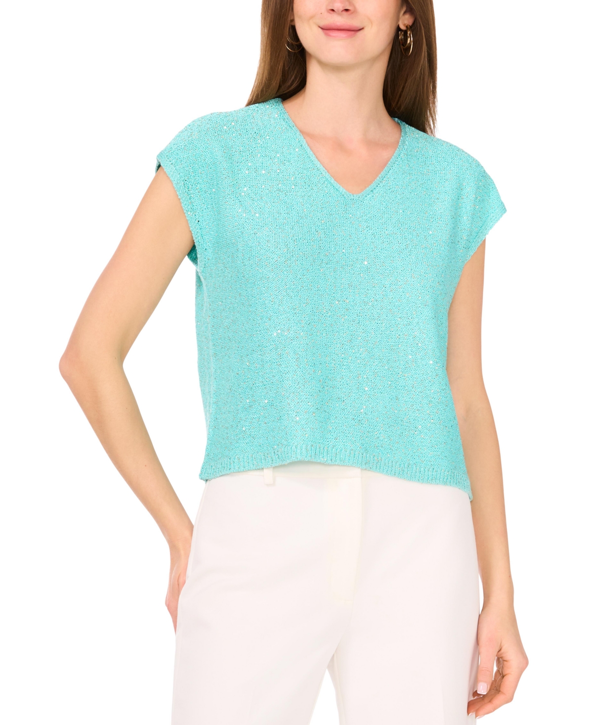 Vince Camuto Sequin Accent Short Sleeve Sweater In Pale Teal