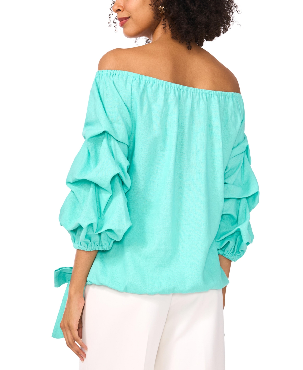 Shop Vince Camuto Women's Linen-blend Off The Shoulder Bubble Sleeve Tie Front Blouse In Ocean Tide