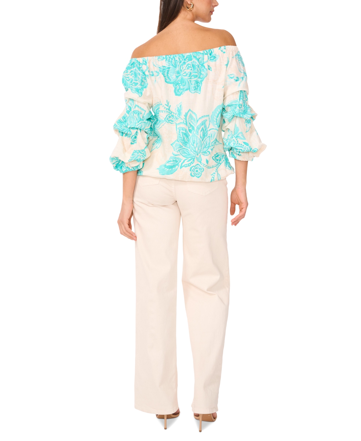 VINCE CAMUTO WOMEN'S FLORAL LINEN-BLEND OFF-THE-SHOULDER BUBBLE 3/4-SLEEVE TIE-FRONT BLOUSE 