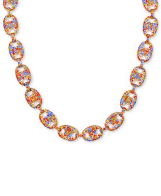 Gold-Tone Rainbow Rhinestone Large Link Collar Necklace, 16" + 2" extender 