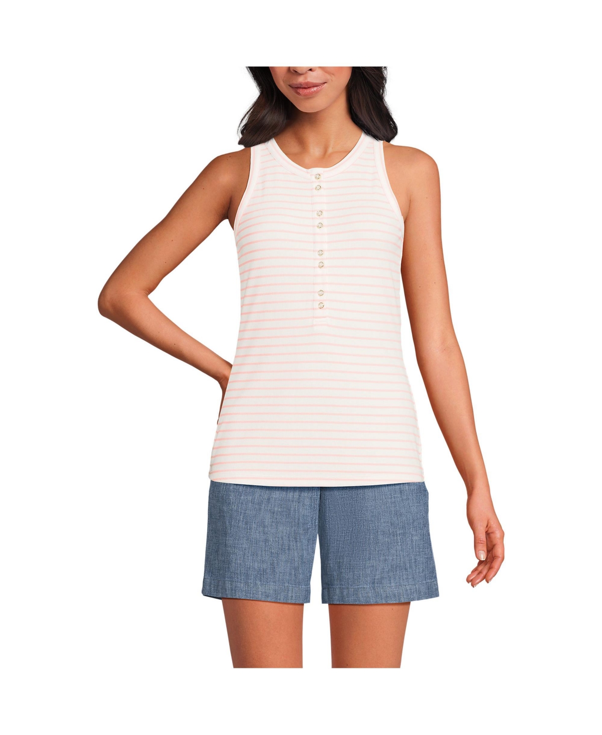 Women's Drapey Rib Fitted Henley Tank Top - Ivory/sunset coral pink stripe