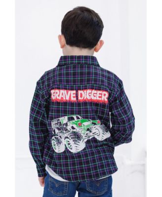 Toddler Boys Grave Digger Truck Flannel Matching Family Button Down Shirt