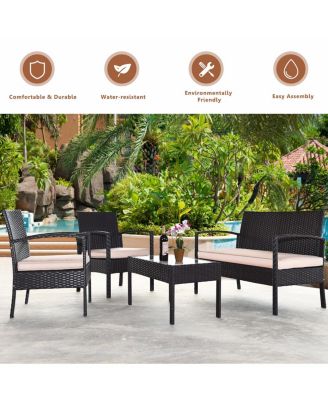 4PCS Patio Rattan Conversation Furniture Set Cushioned Seat