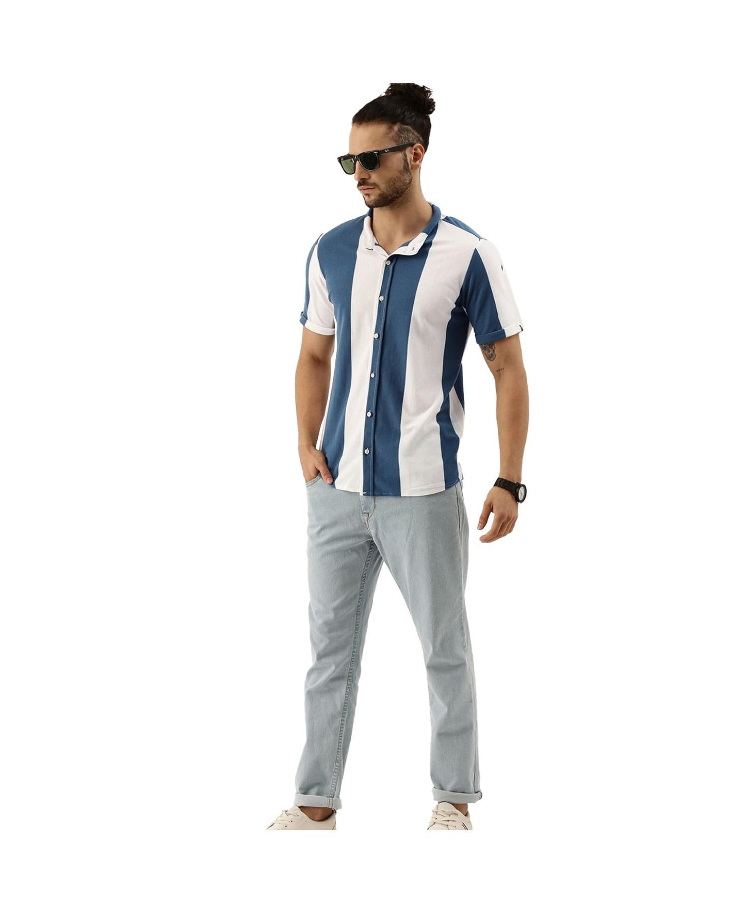 Men's Knitted Blue Vertical Striped Shirt