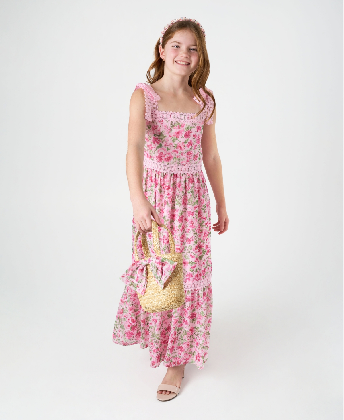 Rare Editions Big Girls 2-piece Floral And Crochet Trim Maxi With Bag In Pink