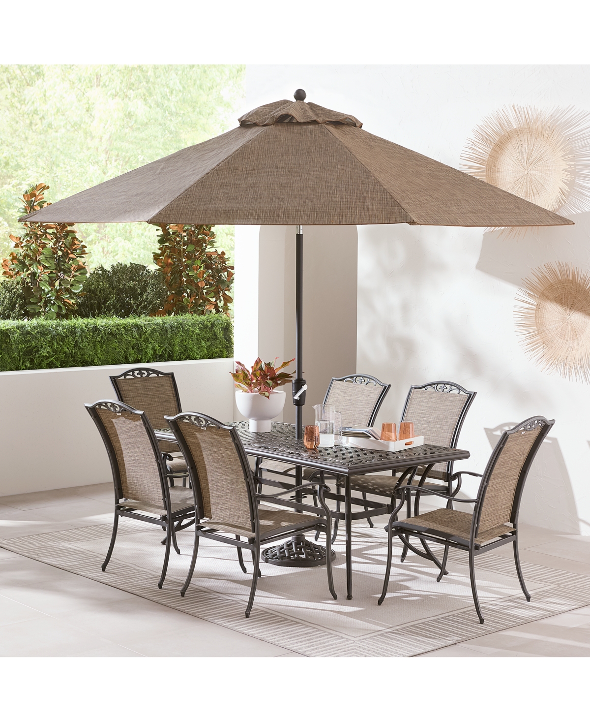 Agio Wythburn Outdoor Dining 7pc Set (72"x38" Table & 6 Filigree Sling Dining Chairs)