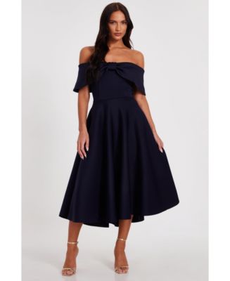 nude bonded scuba ruffle detail skater dress QUIZ Women's Scuba Bardot Bow Detail Skater Dress