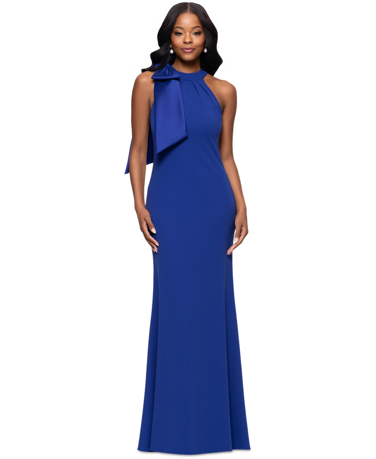Betsy & Adam Women's Bow-embellished Halter Neck Sleeveless Gown In Blue