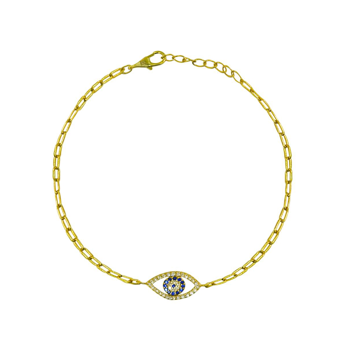 Paperclip Evil Eye Bracelet with Created Sapphires and Cubic Zirconia 7 inches - Gold blue