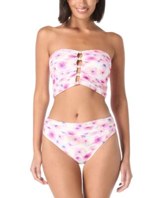 Carmen Marc Valvo Womens Bandeau Shirred Top Bikini Bottoms In White Multi