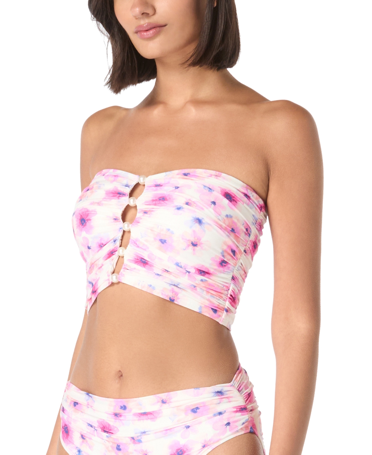 CARMEN MARC VALVO WOMEN'S PRINTED SHIRRED BANDEAU CROP BIKINI TOP 