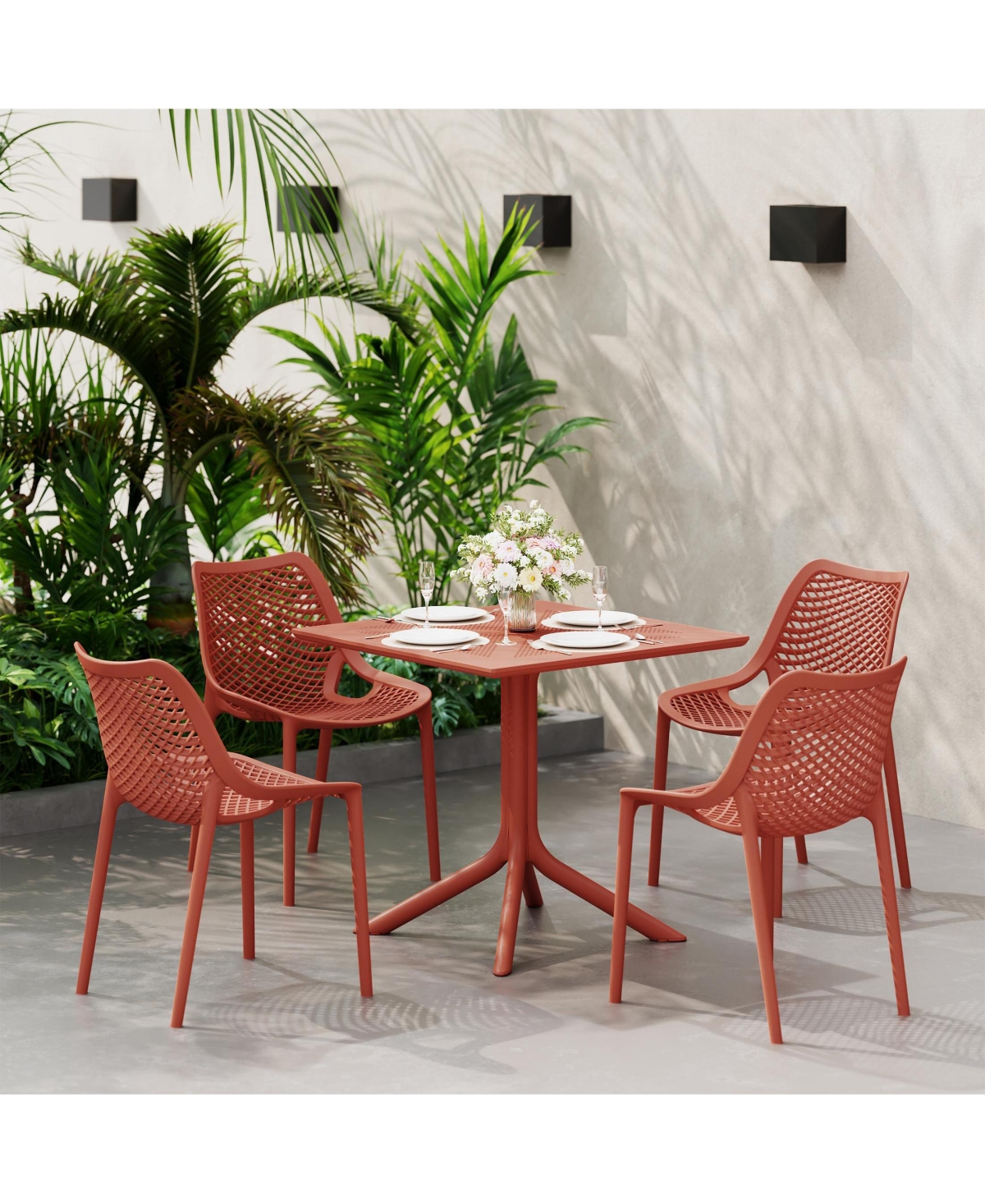 5-Piece Modern Square Patio Dining Table Set with Stackable Chairs