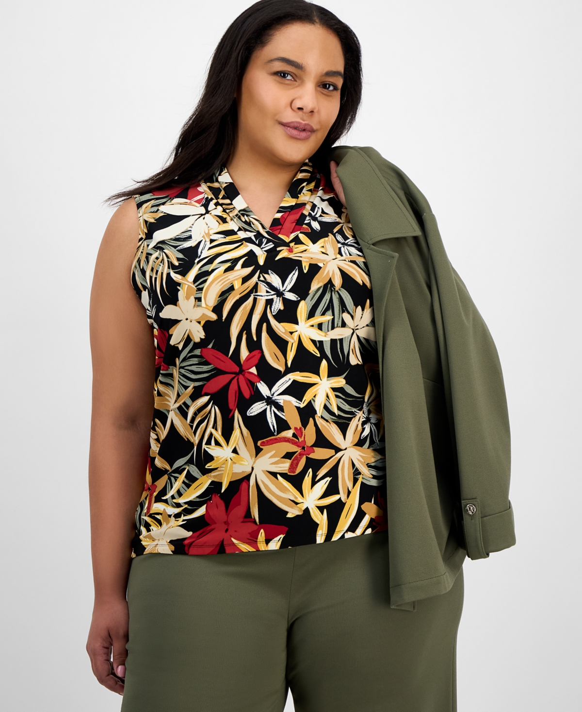 Anne Klein Plus Size Printed Triple-pleated V-neck Top