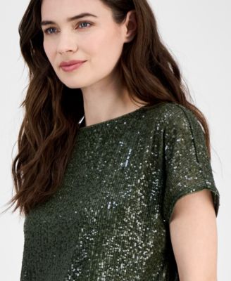Women's Sequinned-Mesh Boat-Neck Top
