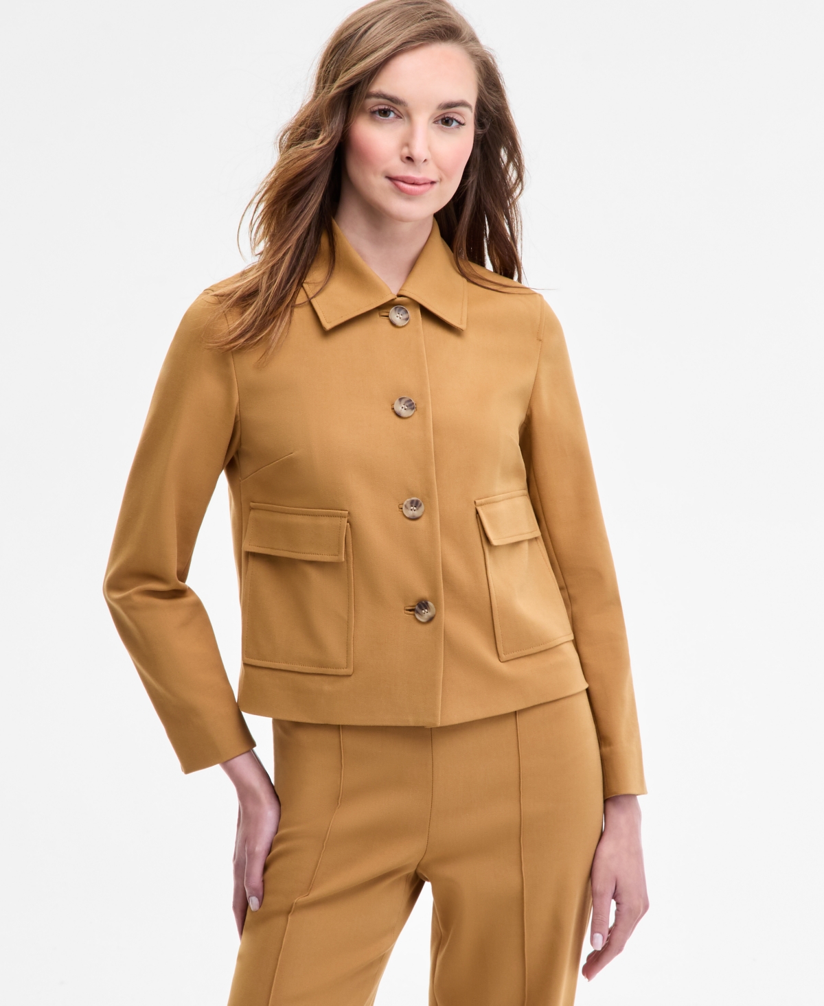 Anne Klein Double Weave Cotton Jacket In Brown