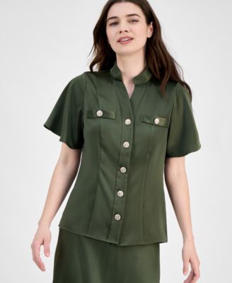 Anne Klein - Women's Flutter-Sleeve Button-Front Blouse