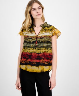 Womens Printed Ruffled Neck Flutter Sleeve Chiffon Top Xxs P Xxl