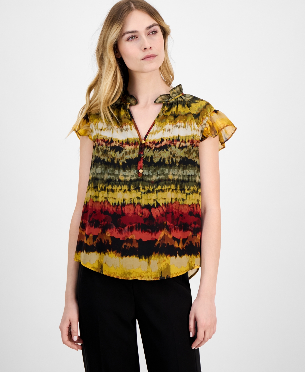 Petite Ruffled-Neck Raglan-Sleeve Blouse - Olive Palm Multi