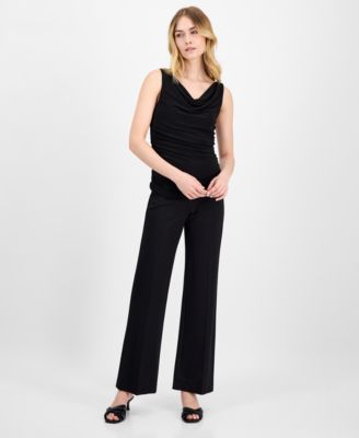 Women's Ruched Draped-Neck Textured Crepe Knit Top