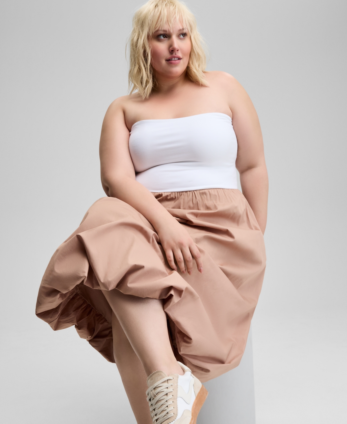 And Now This Women's Strapless Mixed Media Bubble-hem Midi Dress, Exclusively At Macy's In Nude