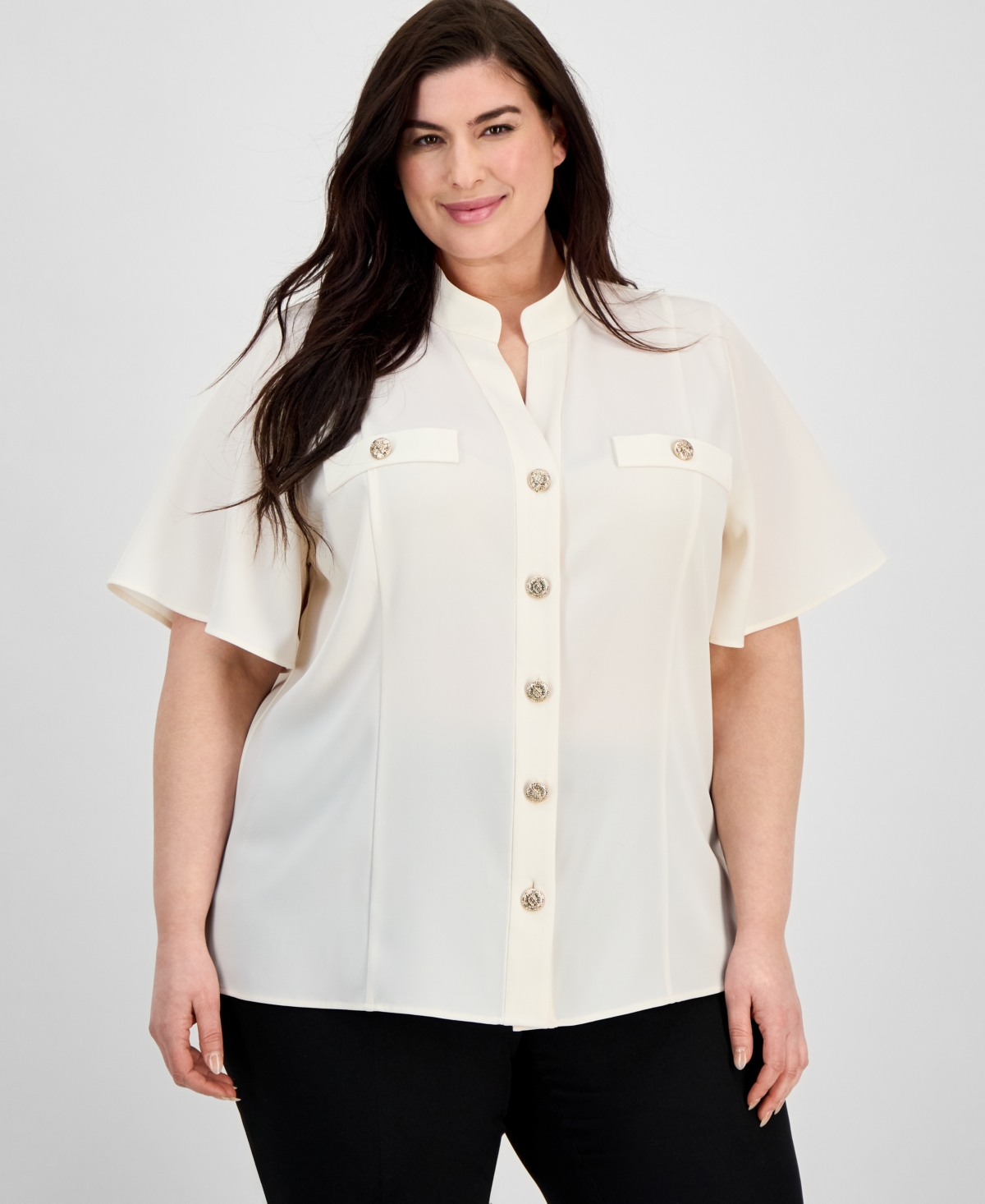 Plus Size Split-Neck Flutter-Sleeve Button-Front Blouse - White Dove