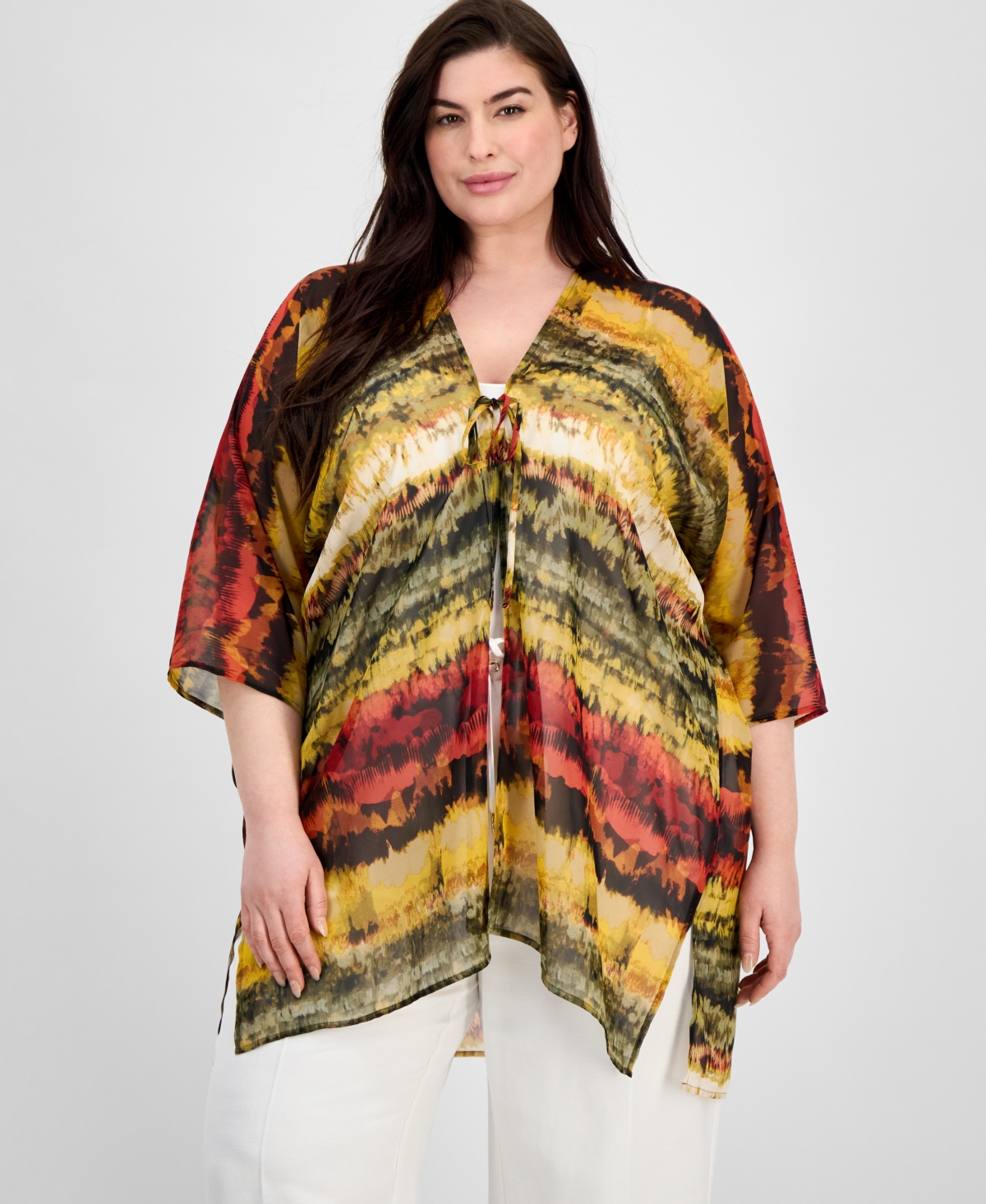 ANNE KLEIN PLUS SIZE OPEN-FRONT SCARF-PRINT KIMONO 