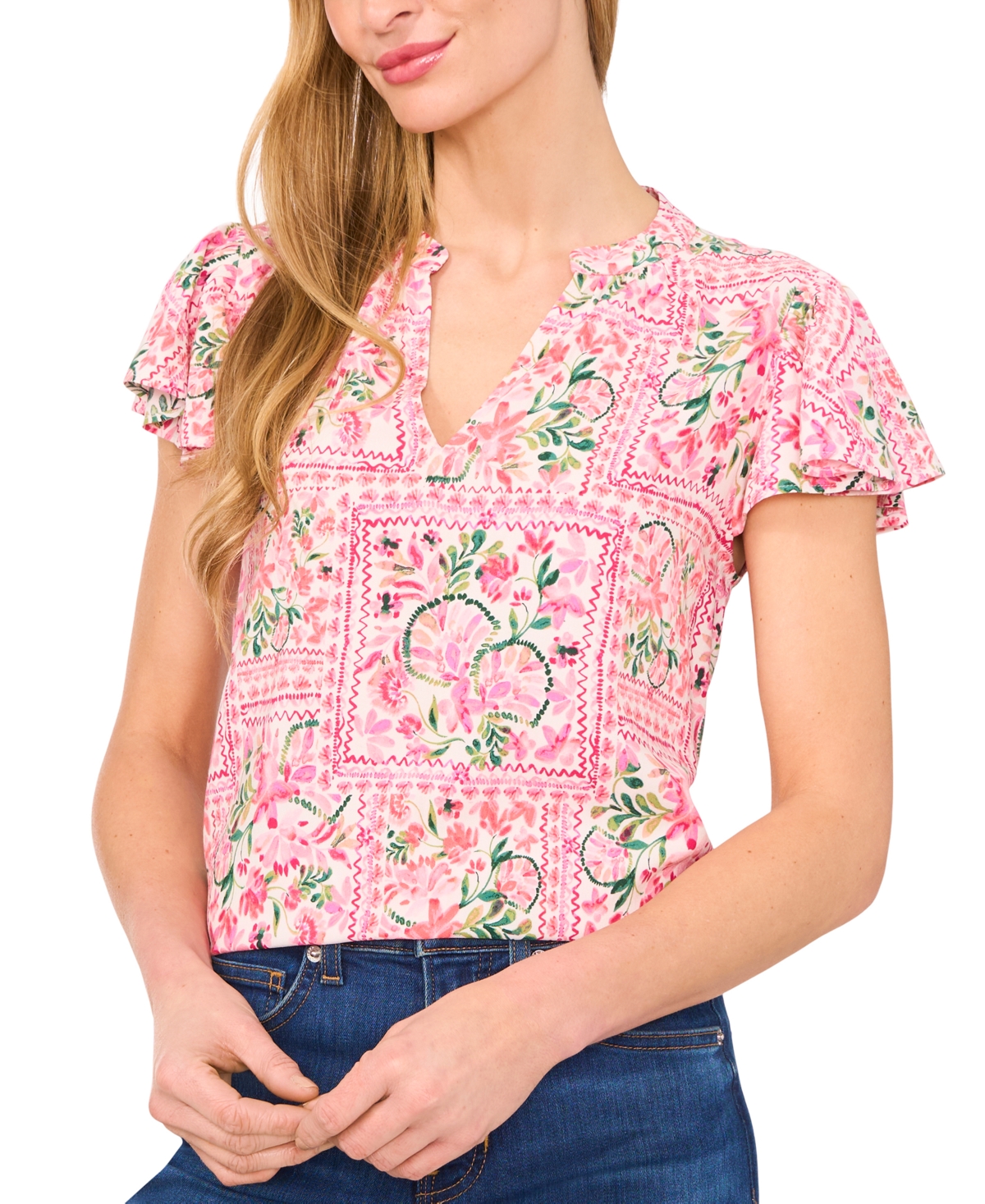 Cece Women's Shirred V-neck Flutter-sleeve Blouse