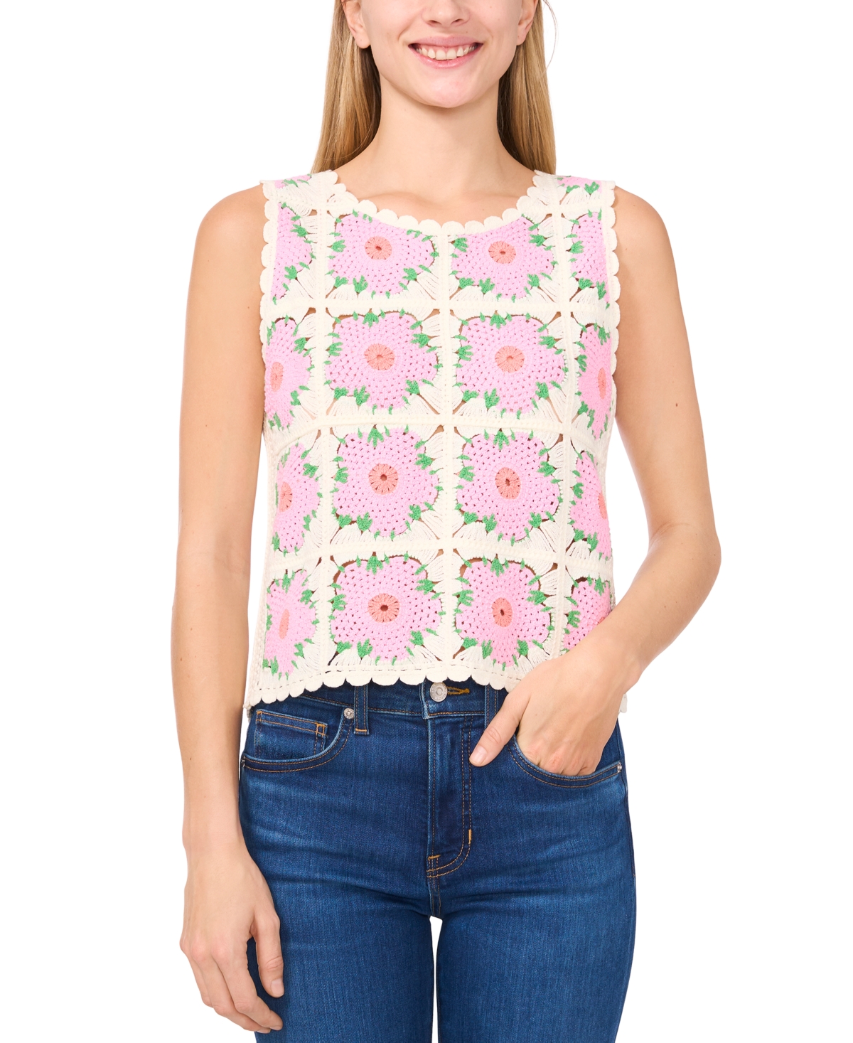 Women's Crewneck Crochet Flower Tank Top - Vanilla