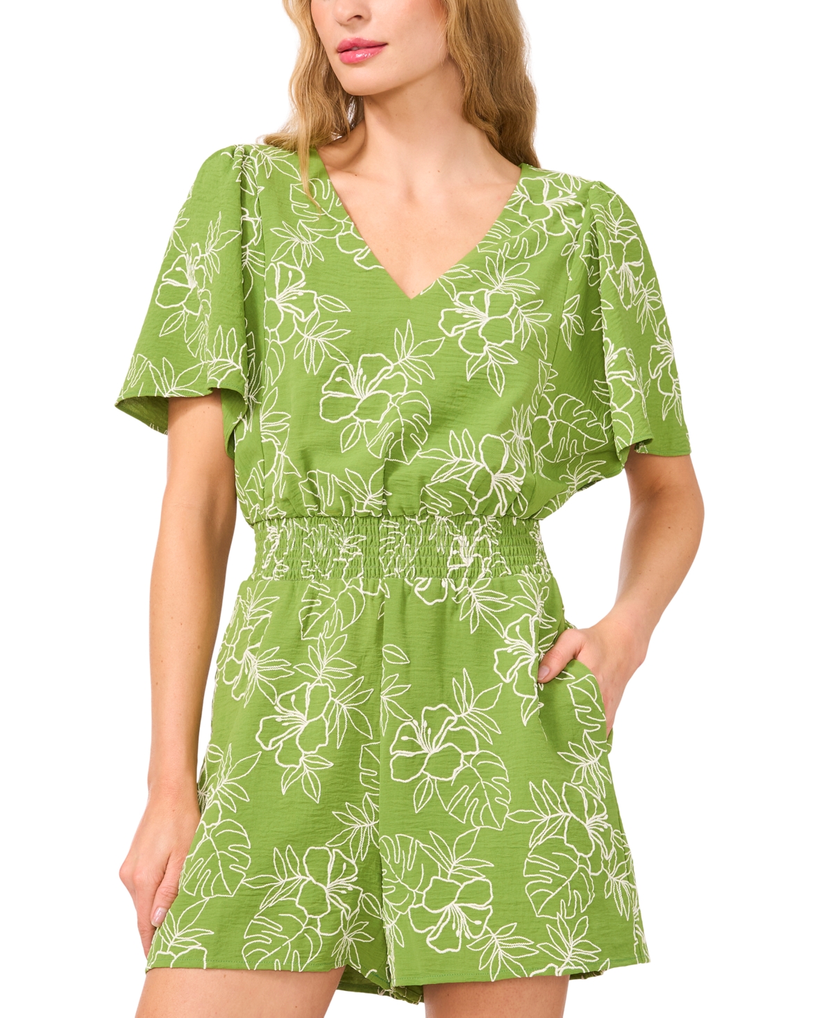 Cece Women's V-neck Smocked-waist Flutter-sleeve Romper In Green