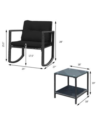 Set of 3 Rattan Patio Furniture Set Rocking Chair Set w/ Cushions Table