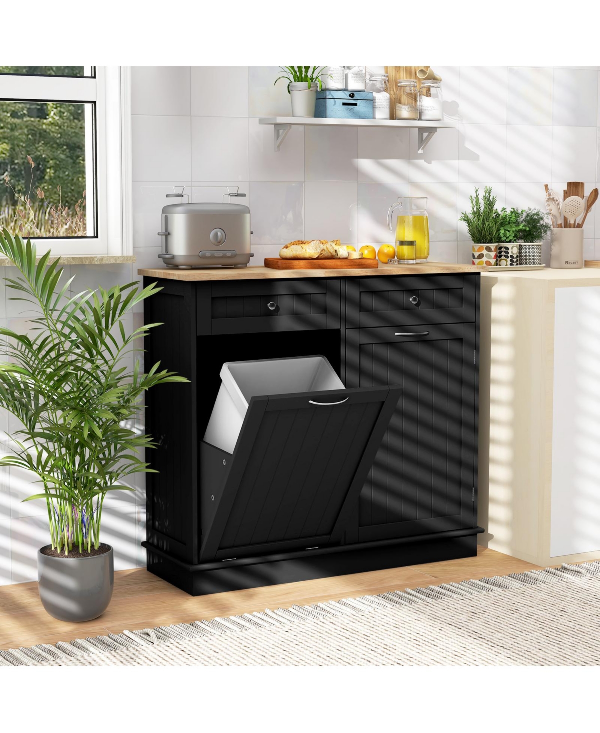 Rubber Wood Kitchen Trash Cabinet with Single Trash Can Holder and Adjustable Shelf