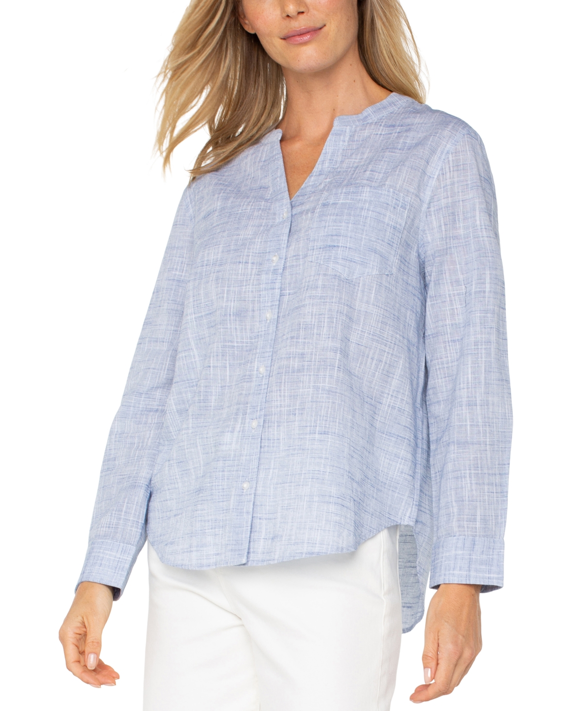 Liverpool Los Angeles Crosshatch Band Collar Cotton Button-up Shirt In Blue,white Crosshatch
