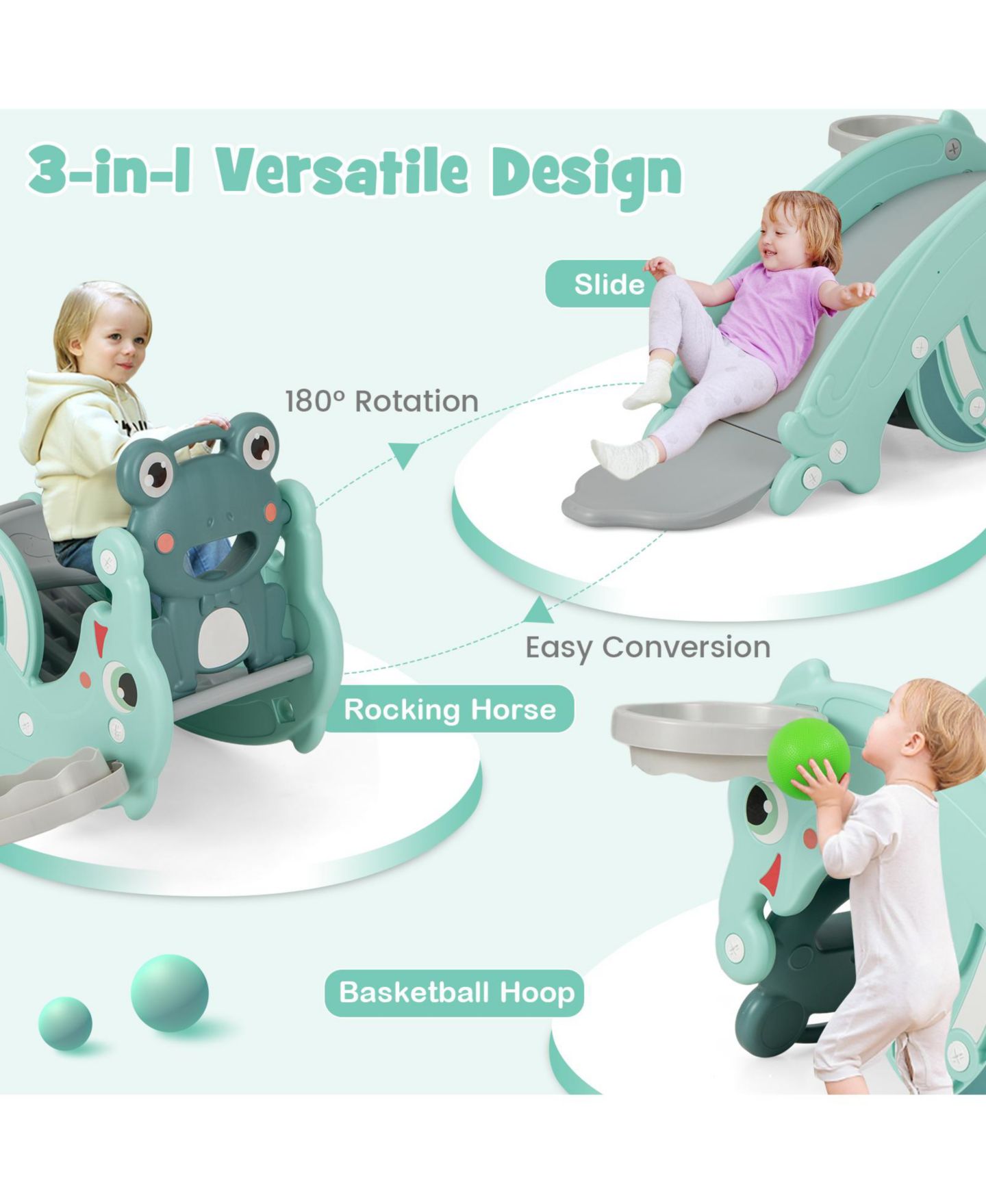 Детские игрушки GOUUN 3-in-1 Kids Slide Rocking Horse Set Convertible Toddler Slide with Basketball Hoop, цвет: Зелёный — фото 6