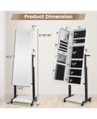 3-Color 46 LED Lights Mirror Jewelry Cabinet Armoire Adjustable Height with Wheels