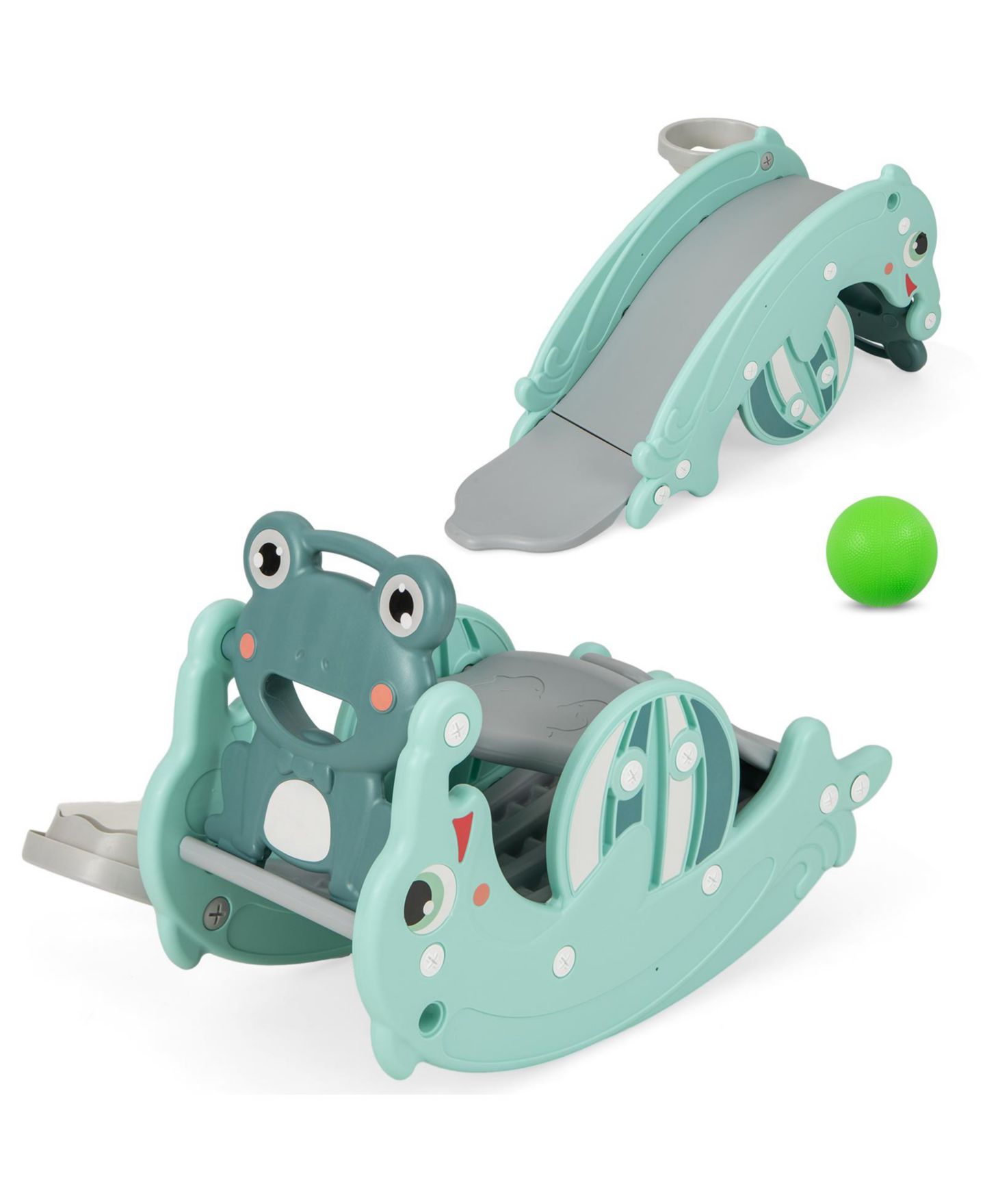 Детские игрушки GOUUN 3-in-1 Kids Slide Rocking Horse Set Convertible Toddler Slide with Basketball Hoop, цвет: Зелёный — фото 1