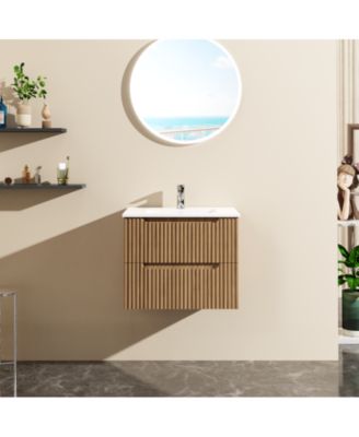 24" Wall Mounted Walnut Bathroom Vanity Cabinet with White Basin Sink Combo Floating