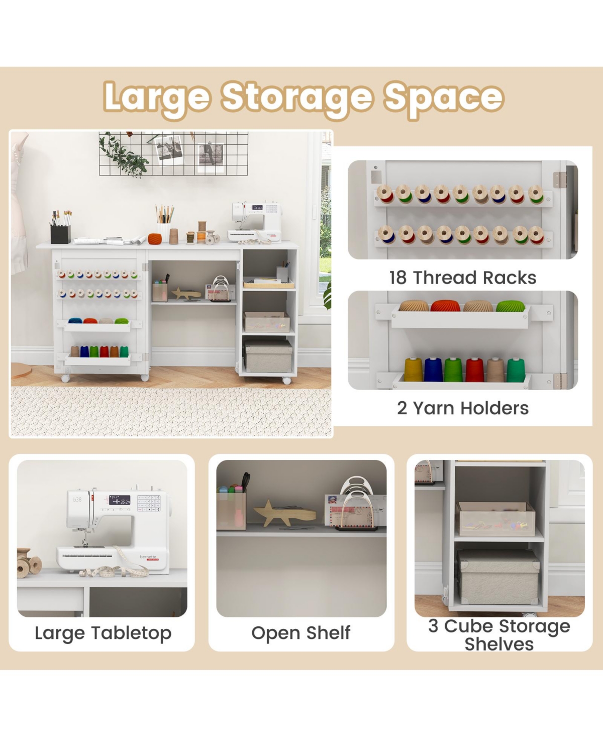 Multifunctional Folding Sewing Machine Craft Station with Storage Shelves